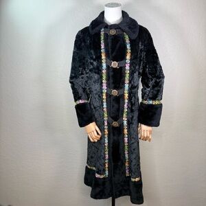 Vintage 1970’s Shag Faux Fur Embroidered Handmade Long Coat Jacket Small/Medium